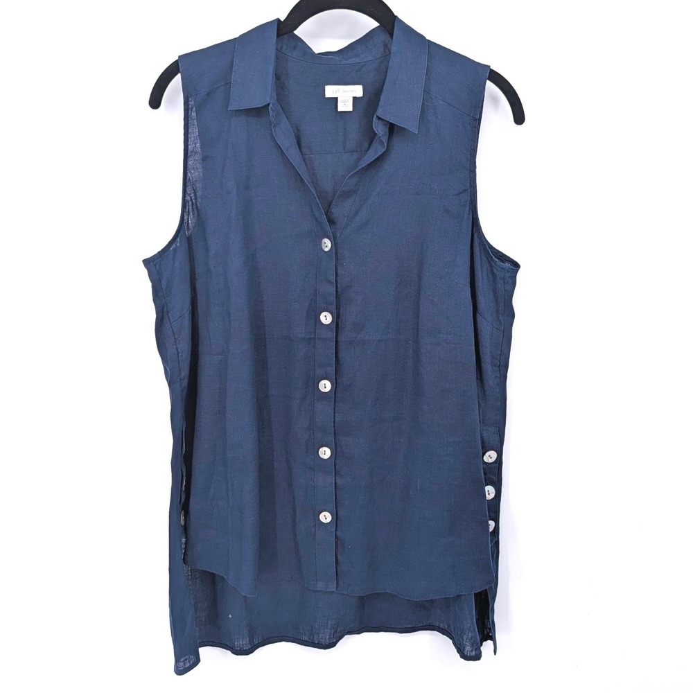J Jill Love Linen Sleeveless Button‎ Down Women Medium Petite Navy Blue High Low
